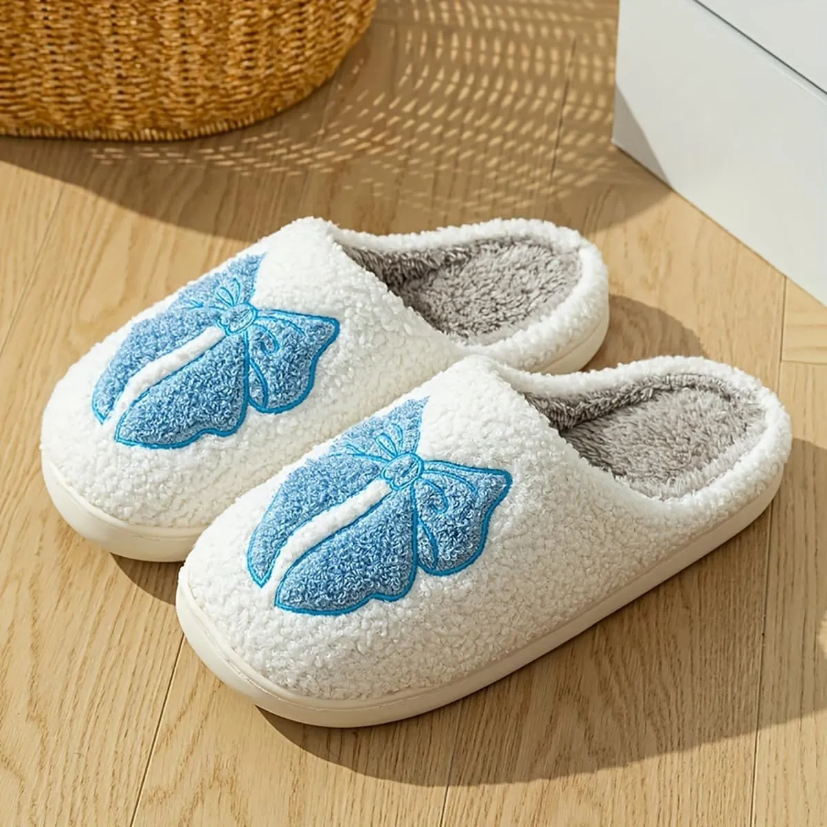 Fuzzy Cute Bow Slippers for Women Winter Warm Cozy House Slippers Plush Indoor Outdoor Shoes