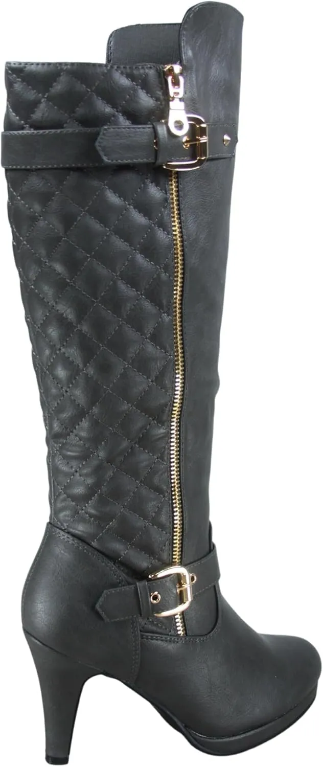 FZ-Win-45 Women's Fashion Round Toe High Heel Platform Zipper Knee High Boots