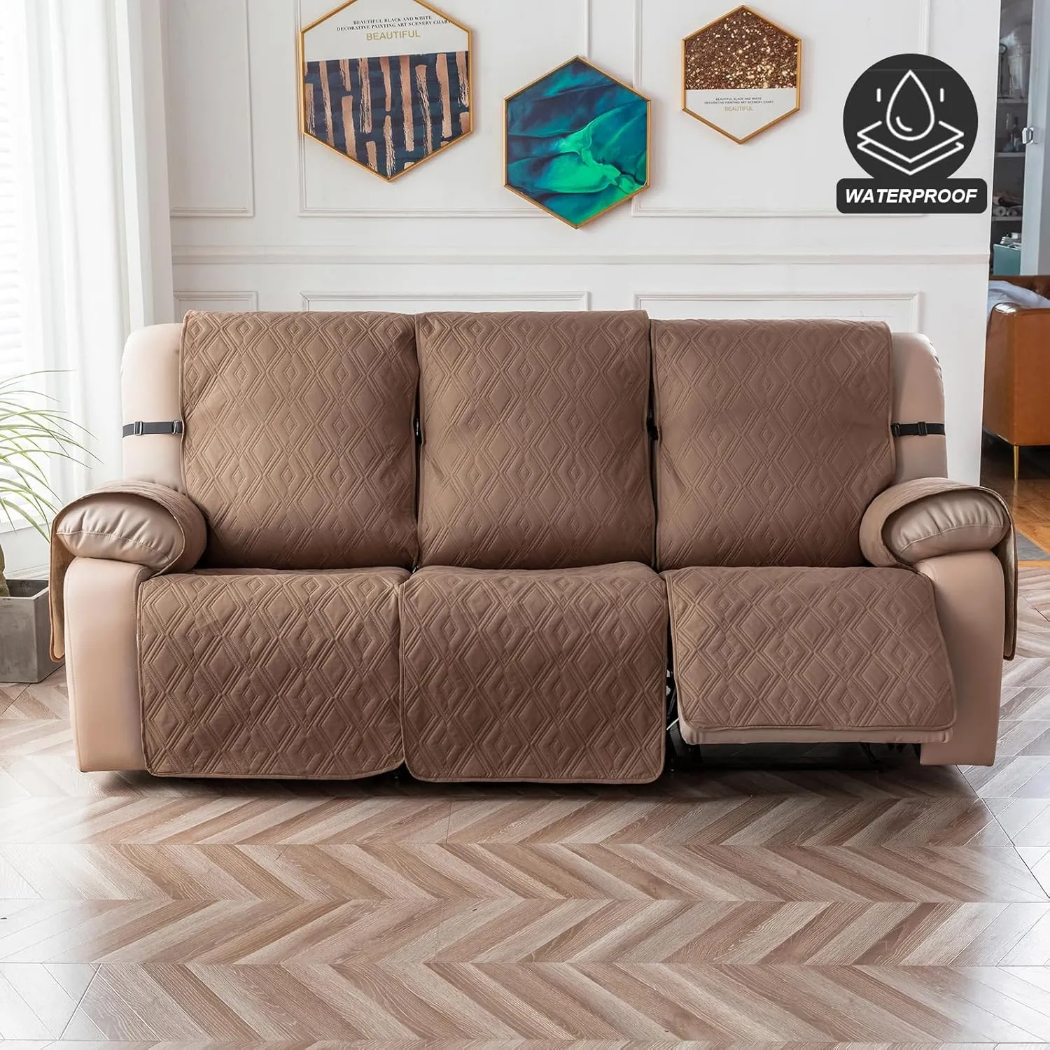 Genina Waterproof Couch Cover for Reclining Couch 3 Seater Non-Slip, Washable Recliner Sofa Covers for 3 Cushion Couch, Furniture Covers Couch Protector for Dogs Pets Kids (Camel, Recliner Sofa)