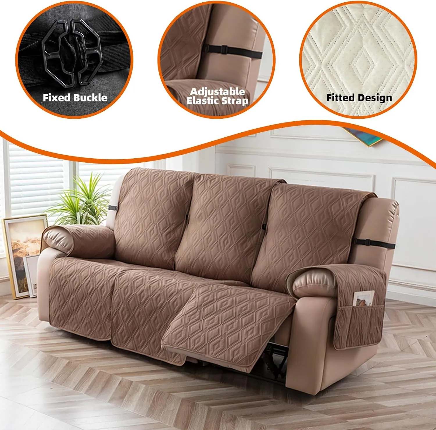 Genina Waterproof Couch Cover for Reclining Couch 3 Seater Non-Slip, Washable Recliner Sofa Covers for 3 Cushion Couch, Furniture Covers Couch Protector for Dogs Pets Kids (Camel, Recliner Sofa)
