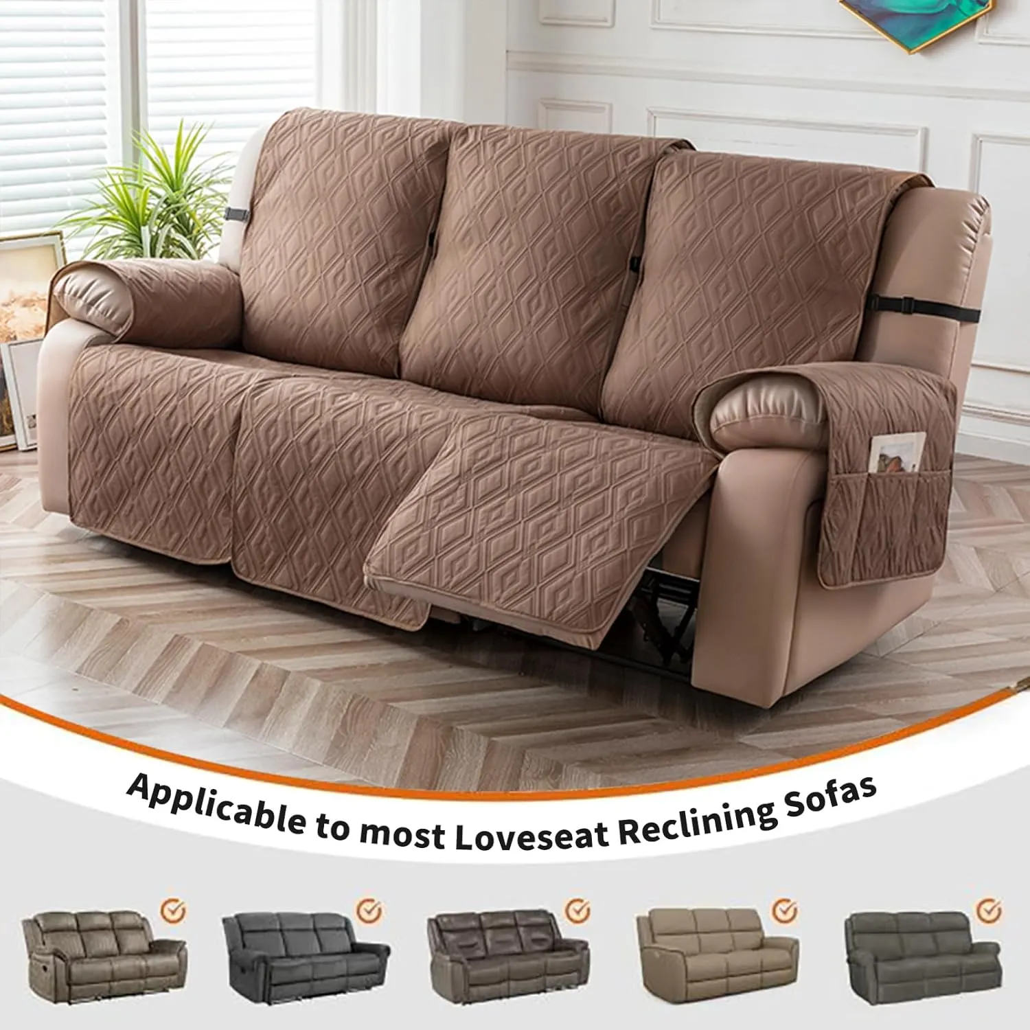 Genina Waterproof Couch Cover for Reclining Couch 3 Seater Non-Slip, Washable Recliner Sofa Covers for 3 Cushion Couch, Furniture Covers Couch Protector for Dogs Pets Kids (Camel, Recliner Sofa)