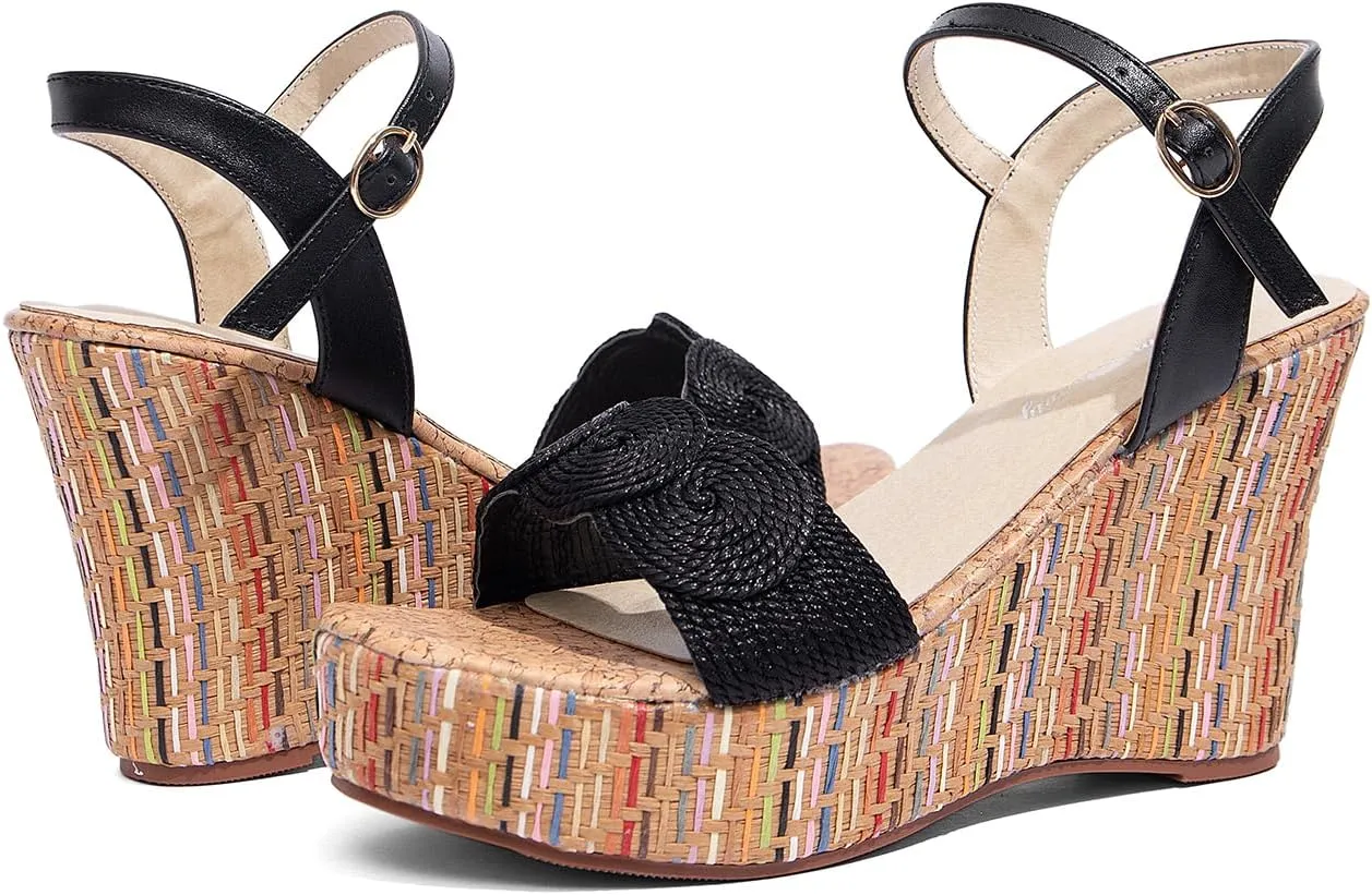 getmorebeauty Women's Raffia Woven Wedge Sandals Ankle Strap Open Toe Platform High Heel Sandals Dress Shoes