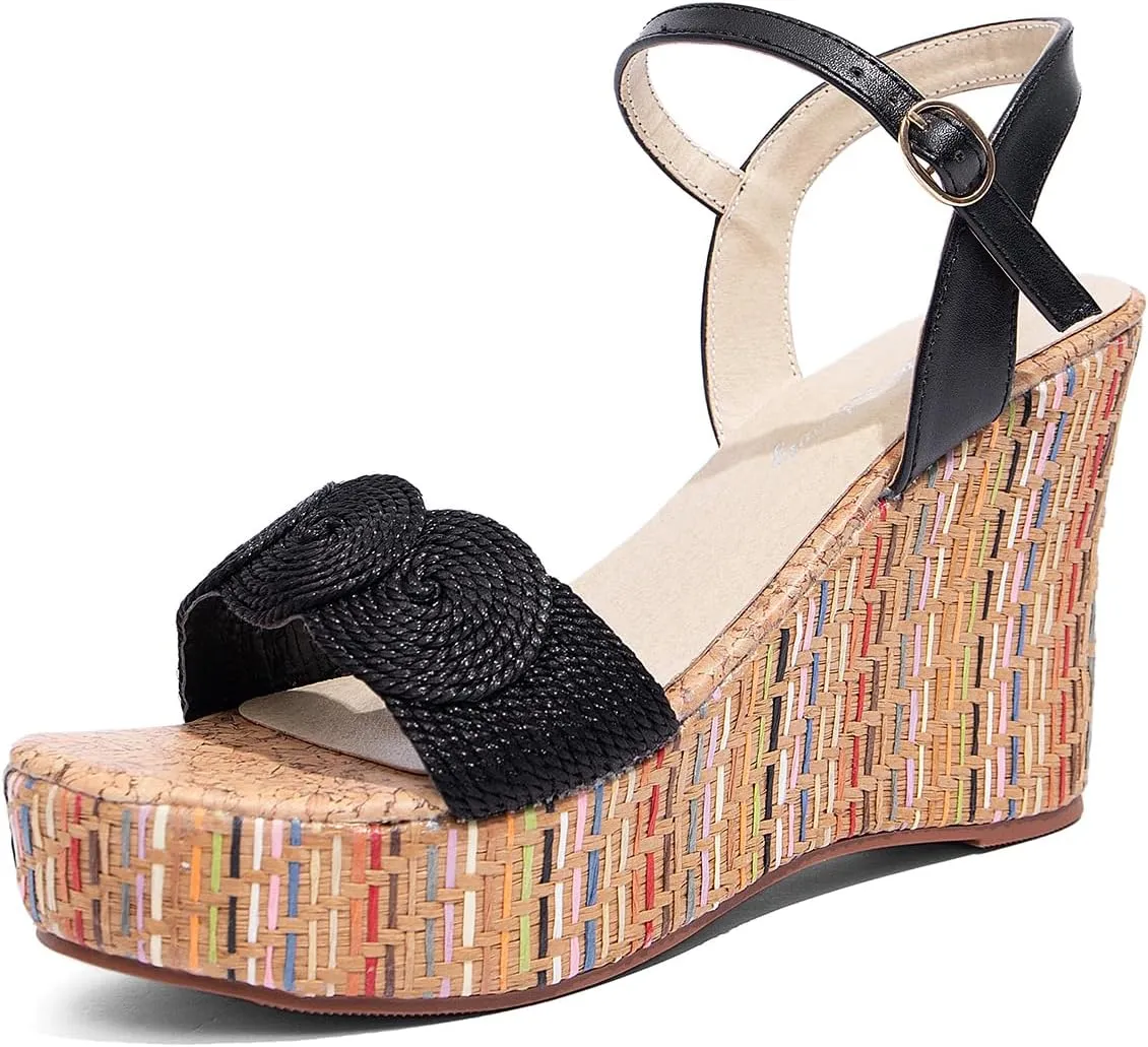 getmorebeauty Women's Raffia Woven Wedge Sandals Ankle Strap Open Toe Platform High Heel Sandals Dress Shoes