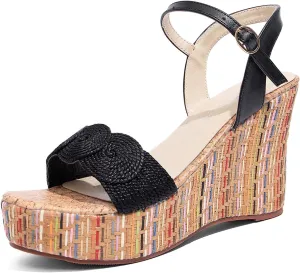 getmorebeauty Women's Raffia Woven Wedge Sandals Ankle Strap Open Toe Platform High Heel Sandals Dress Shoes