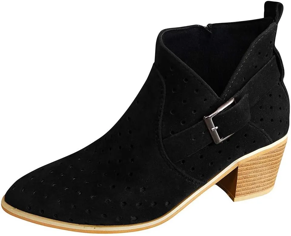 Gibobby Ankle Boots for Women Low Heel,Slip-On Loafers Pointed Toe Chunky Hollow Bucket Office Casual Shoes Cutout Booties