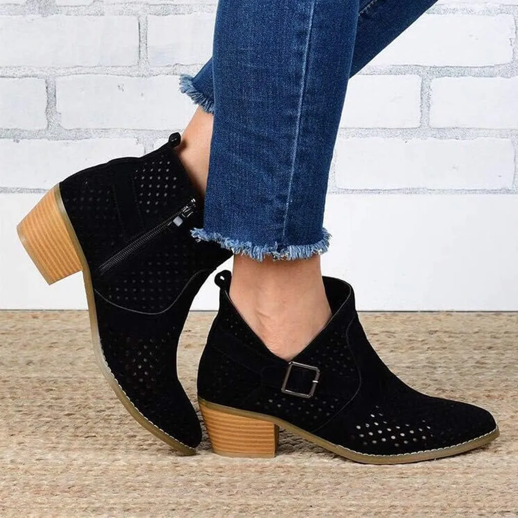 Gibobby Ankle Boots for Women Low Heel,Slip-On Loafers Pointed Toe Chunky Hollow Bucket Office Casual Shoes Cutout Booties