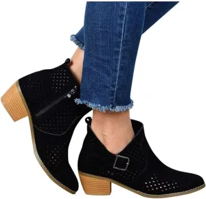 Gibobby Ankle Boots for Women Low Heel,Slip-On Loafers Pointed Toe Chunky Hollow Bucket Office Casual Shoes Cutout Booties