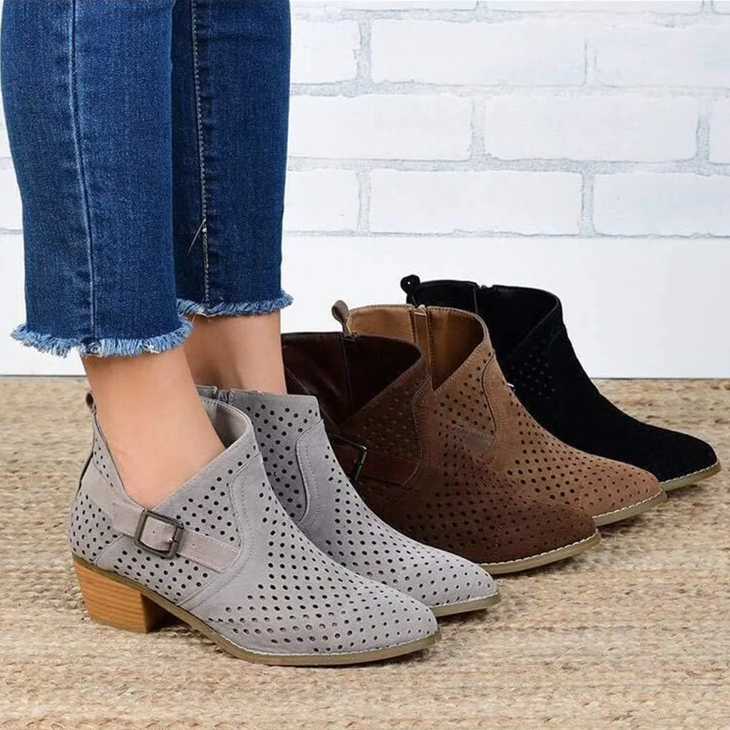 Gibobby Ankle Boots for Women Low Heel,Slip-On Loafers Pointed Toe Chunky Hollow Bucket Office Casual Shoes Cutout Booties