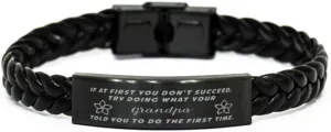 GIFTVILLE & SURPRISE Grandpa Braided Leather Bracelet, If at first you don't succeed, try doing what your athletic trainer told you to do the first time., Laser Engraved, Stainless Steel Wristband