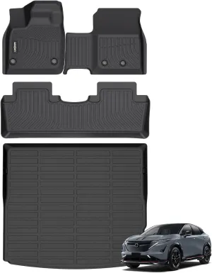 GINOWY-Floor Mats with Cargo Liner for Nissan Ariya 2023 2024 2025, All Weather Car Floor Mat Cargo Trunk Mat TPE Rubber Liners Ariya Accessories