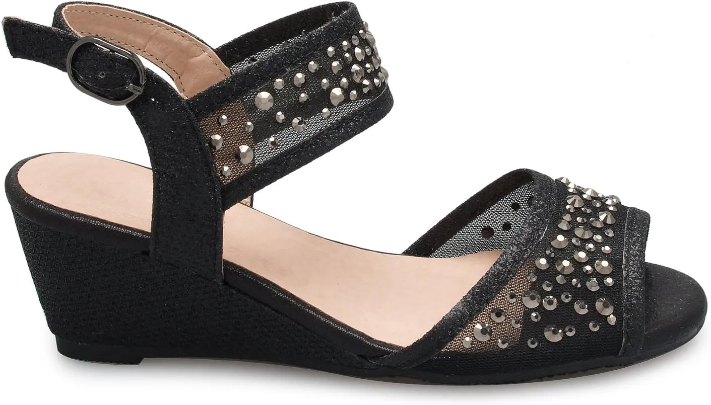 Girl's Peep Toe Rhinestone Ankle Strap with Adjustable Buckle Wedge Sandals - Adorable, Comfort, Casual