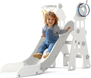 Glaf Toddler Slide Indoor 4 in 1 Kids Slide Baby Slide Toddler Playground for Backyards with Basketball Hoop, Ball and Ring Toss, Outdoor Toys for Toddlers 1-3 Boys Girls (Gray)