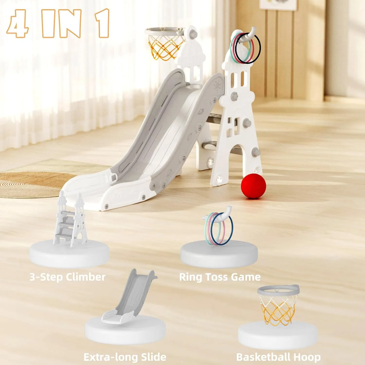 Glaf Toddler Slide Indoor 4 in 1 Kids Slide Baby Slide Toddler Playground for Backyards with Basketball Hoop, Ball and Ring Toss, Outdoor Toys for Toddlers 1-3 Boys Girls (Gray)