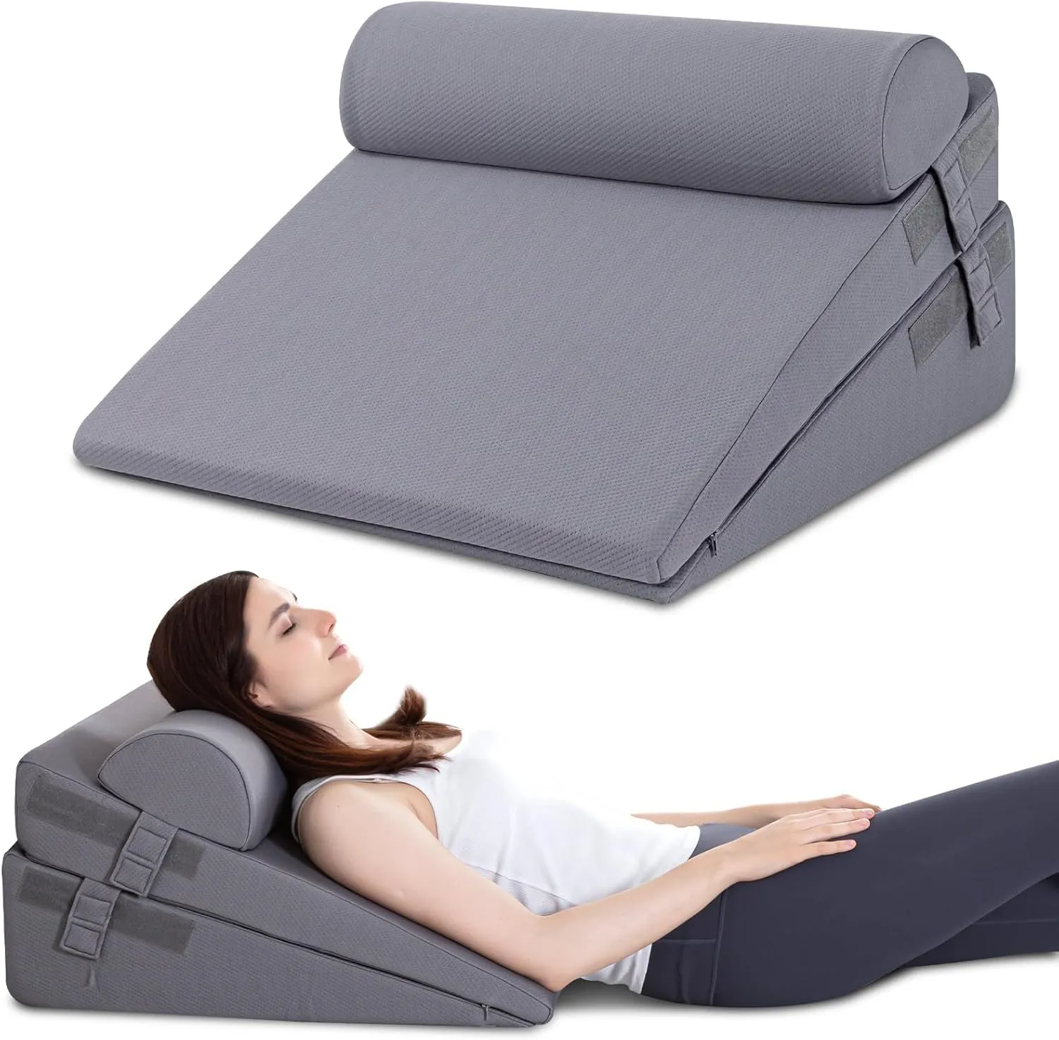 GOHOME Cooling Wedge Pillow Set for After Surgery, 3-Piece Adjustable Memory Foam Bed Wedge Pillow for Sleeping - Acid Reflux, Snoring, Neck Pain and Back Pain, Grey