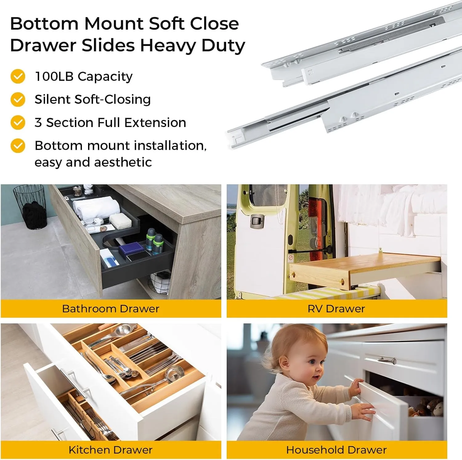 goldenwarm 1 Pair Undermount Soft Close Drawer Slides 21 Inch, Hidden Bottom Mount Full Extension Drawer Rails with Bracket & 3D Adjustable Locking Device, Heavy Duty 100 LB Capacity