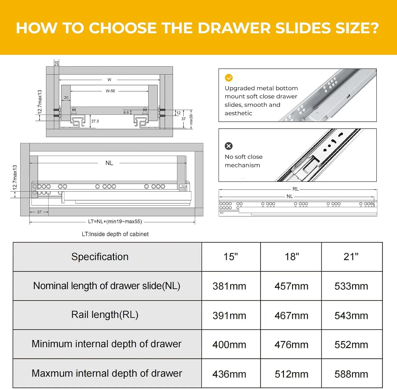 goldenwarm 1 Pair Undermount Soft Close Drawer Slides 21 Inch, Hidden Bottom Mount Full Extension Drawer Rails with Bracket & 3D Adjustable Locking Device, Heavy Duty 100 LB Capacity