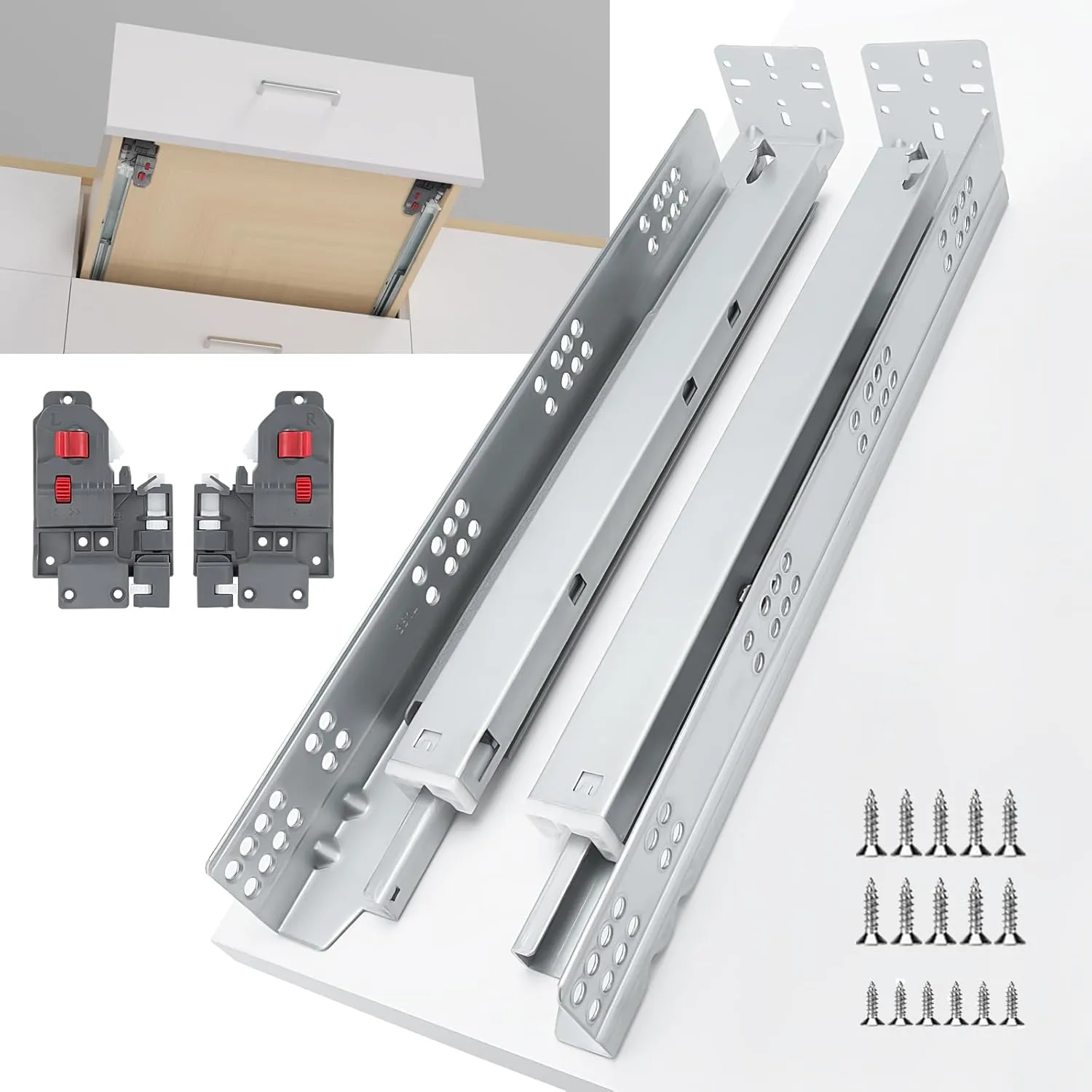 goldenwarm 1 Pair Undermount Soft Close Drawer Slides 21 Inch, Hidden Bottom Mount Full Extension Drawer Rails with Bracket & 3D Adjustable Locking Device, Heavy Duty 100 LB Capacity