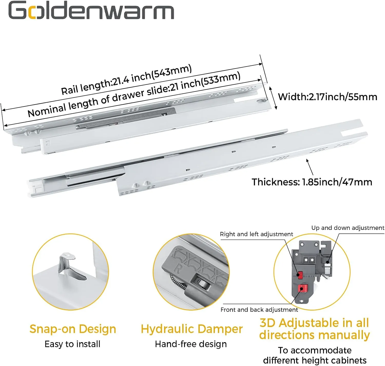 goldenwarm 1 Pair Undermount Soft Close Drawer Slides 21 Inch, Hidden Bottom Mount Full Extension Drawer Rails with Bracket & 3D Adjustable Locking Device, Heavy Duty 100 LB Capacity