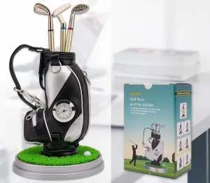 Golf Bag Pen Holder with Pens and Clock - 3 Piece Set, Mini Desktop Golf Bag for Golfer Fans & Souvenirs