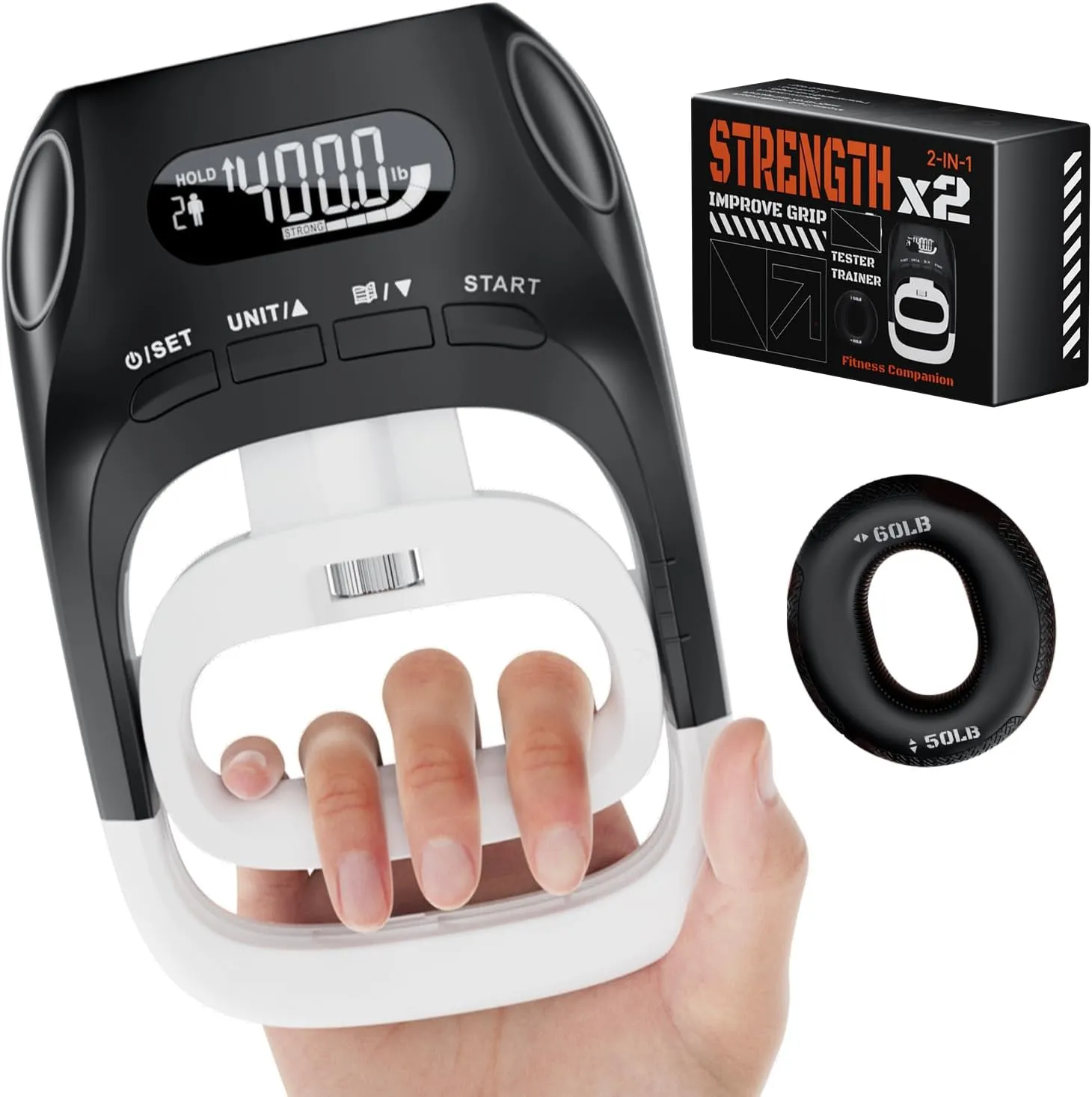 Grip Strength Tester & Trainer 2-in-1 Combo Set-Digital Hand Dynamometer with LCD Display, Max 400lb/180kg Capacity, Resistance Ring with Ergonomic Design for Sports, Gym, Home & Rehab