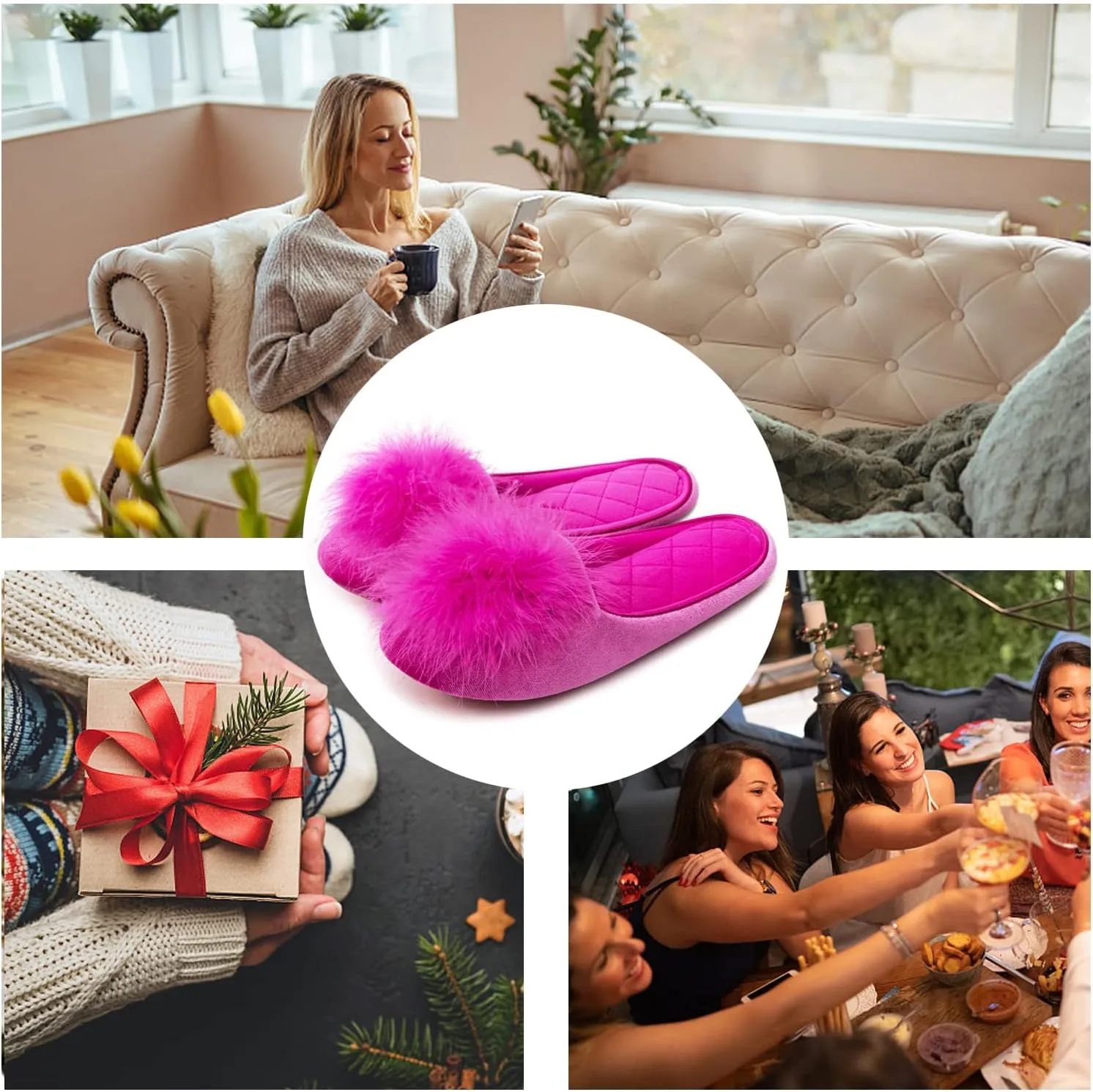 GRITHEIM Women's Fuzzy Pom Pom Velvet Memory Foam House Slippers Ladies Cozy Chenille Knit Bedroom Slippers Non-slip Sole Indoor Outdoor
