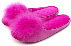 GRITHEIM Women's Fuzzy Pom Pom Velvet Memory Foam House Slippers Ladies Cozy Chenille Knit Bedroom Slippers Non-slip Sole Indoor Outdoor