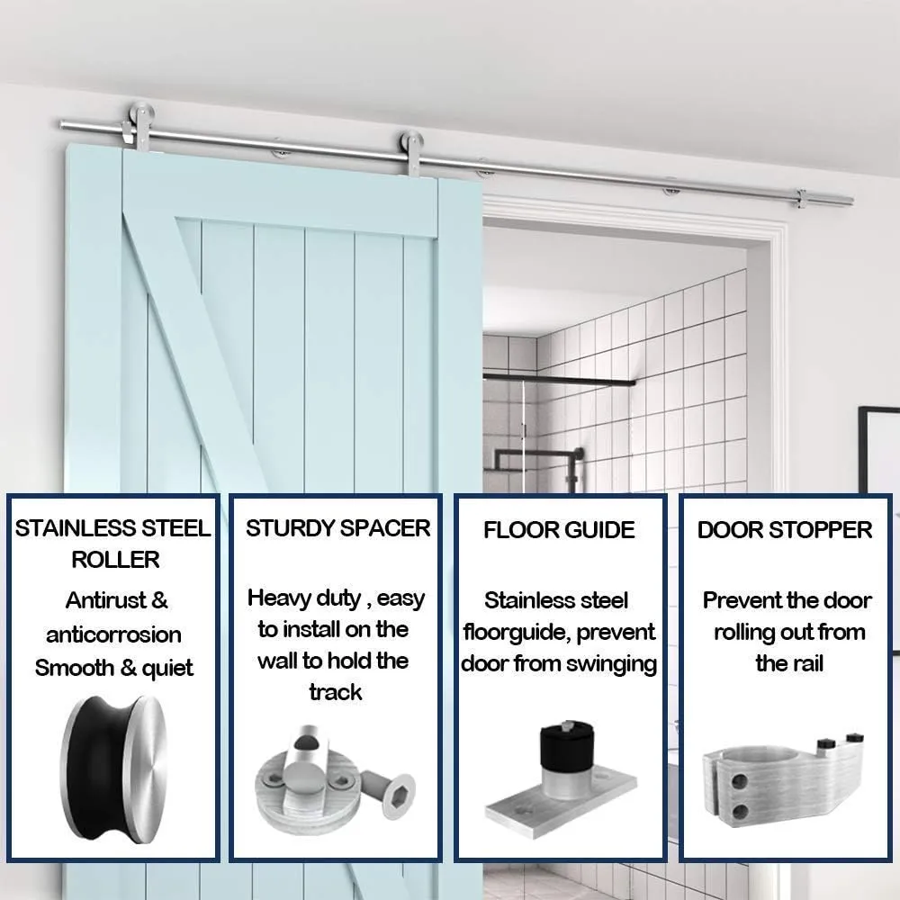 HAHAEMAIL 6FT Top Mount Stainless Steel Sliding Barn Door Hardware Track Kit, Heavy Duty, Anti-Rust, Slide Smoothly Quietly Easy Install 6FT Track Kit for 30"~36" Wide Single Door