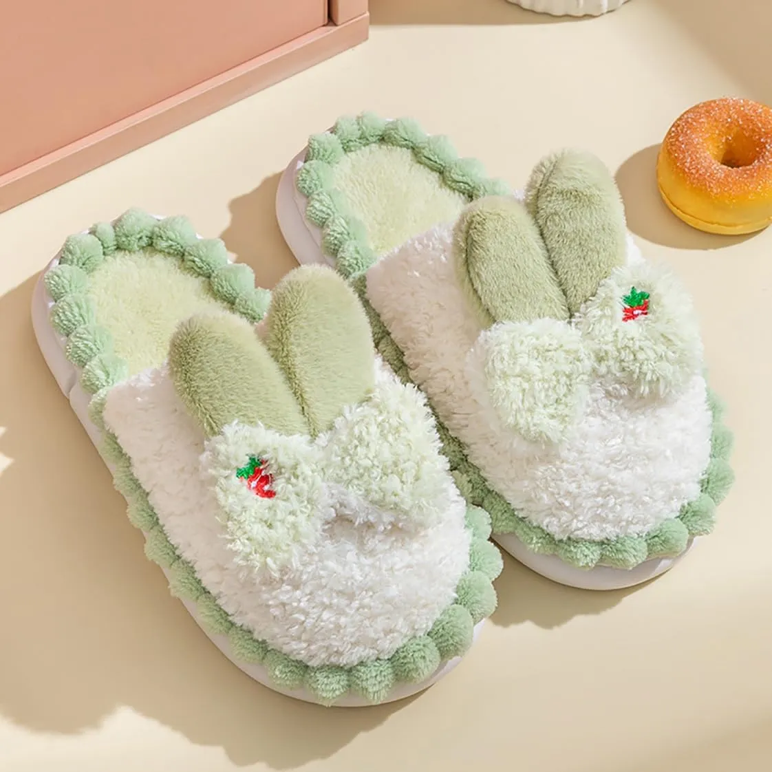 HANDKEI Women's Slippers Cute Rabbit Winter Anti slip Home Slippers Warm Plush Non slip Indoor and Outdoor Shoes