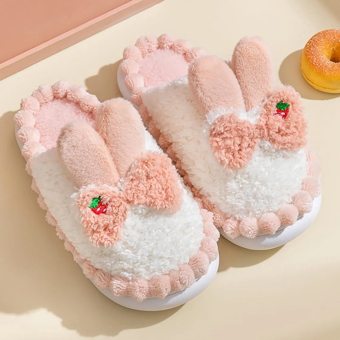 HANDKEI Women's Slippers Cute Rabbit Winter Anti slip Home Slippers Warm Plush Non slip Indoor and Outdoor Shoes