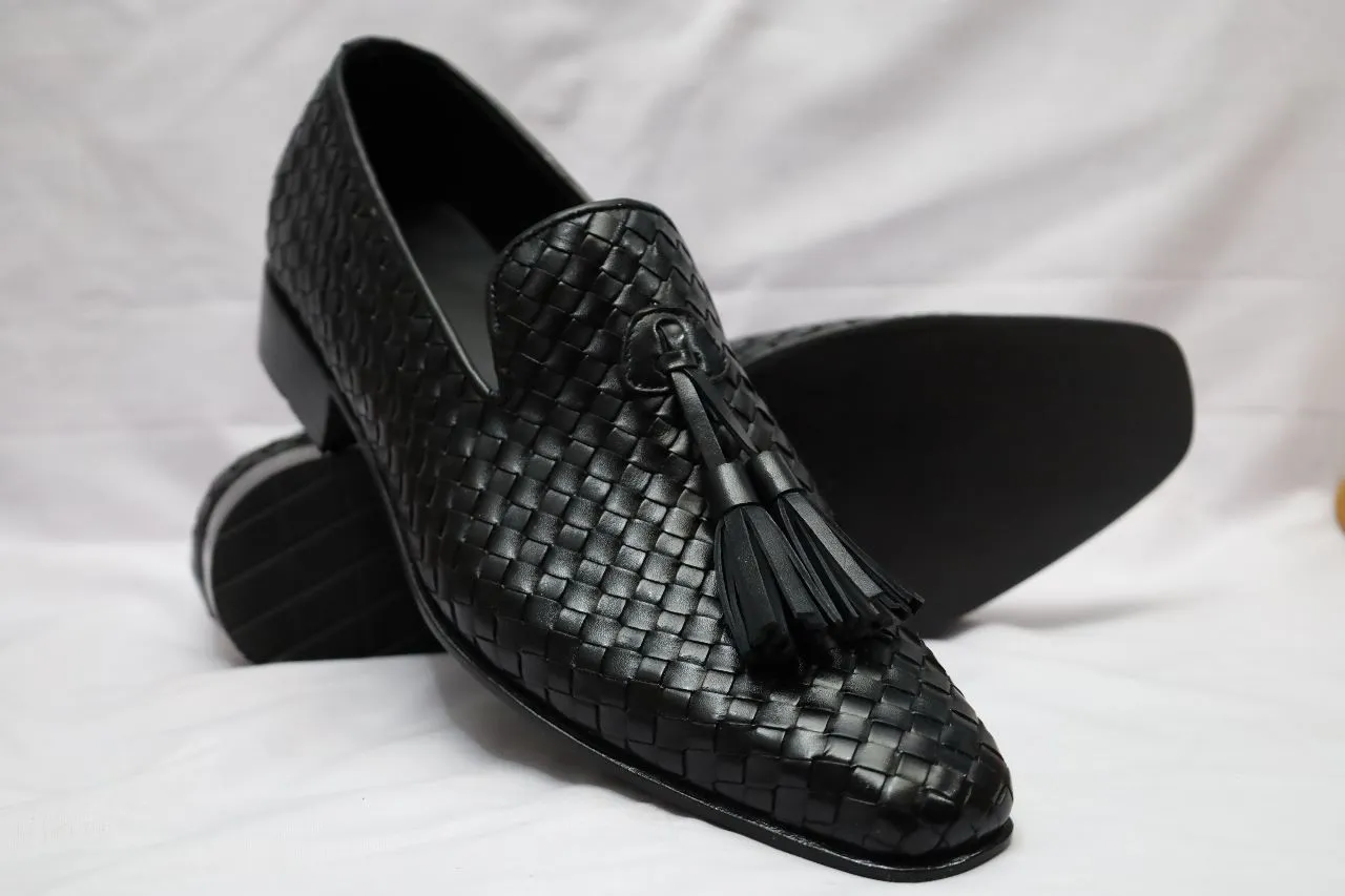 Handmade Black Leather Knitted Dress Shoes for Men