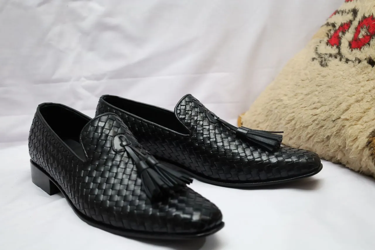 Handmade Black Leather Knitted Dress Shoes for Men