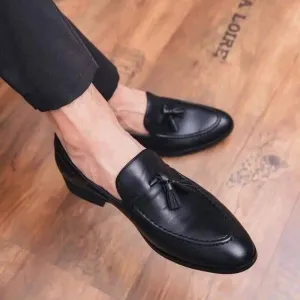 Handmade Black Leather Penny Loafers with Tassels for Men