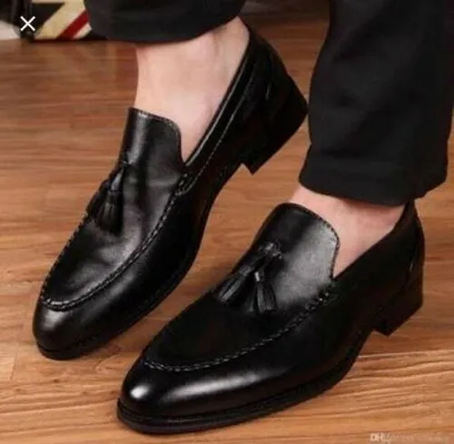 Handmade Black Leather Penny Loafers with Tassels for Men
