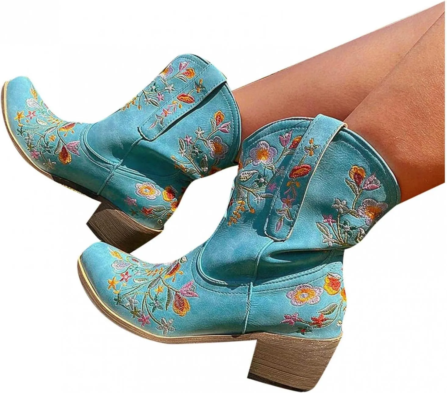 Hbeylia Cowboy Boots For Women Vintage Embroidery Pointed Toe Chunky Mid-Heels Western Cowgirls Boots Retro Slip On Wide Mid Calf Boots Riding Knight Ankle Booties