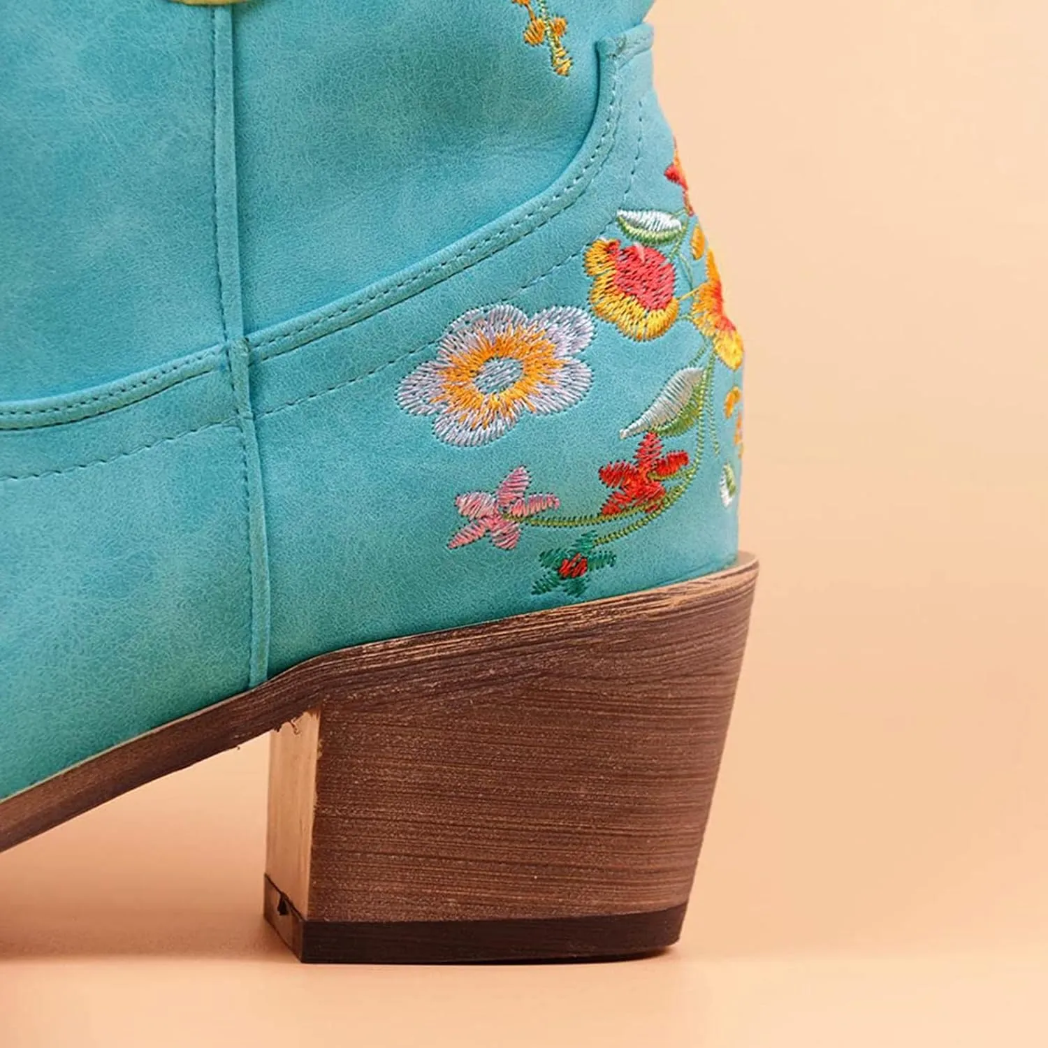 Hbeylia Cowboy Boots For Women Vintage Embroidery Pointed Toe Chunky Mid-Heels Western Cowgirls Boots Retro Slip On Wide Mid Calf Boots Riding Knight Ankle Booties