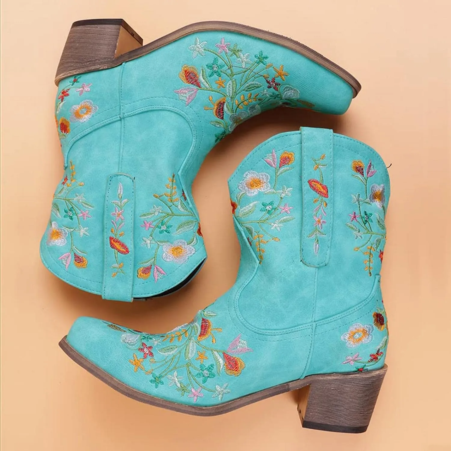 Hbeylia Cowboy Boots For Women Vintage Embroidery Pointed Toe Chunky Mid-Heels Western Cowgirls Boots Retro Slip On Wide Mid Calf Boots Riding Knight Ankle Booties