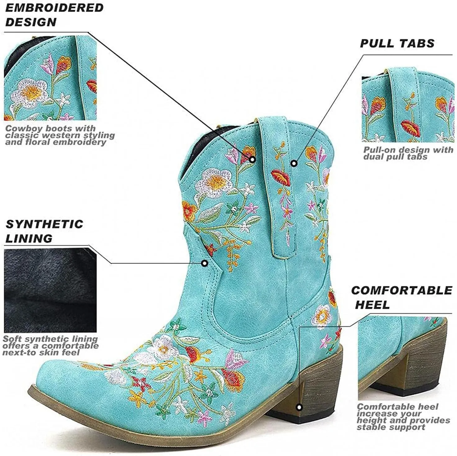 Hbeylia Cowboy Boots For Women Vintage Embroidery Pointed Toe Chunky Mid-Heels Western Cowgirls Boots Retro Slip On Wide Mid Calf Boots Riding Knight Ankle Booties