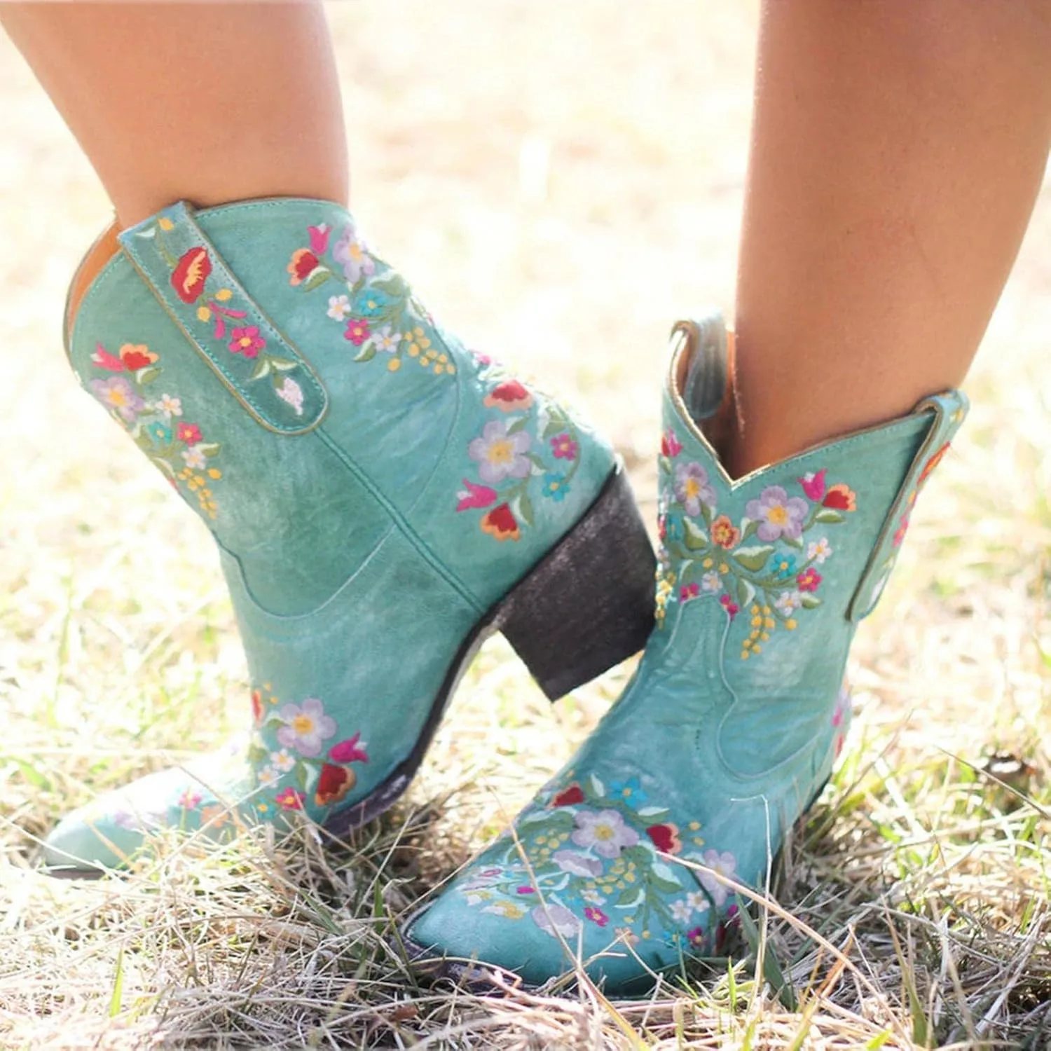 Hbeylia Cowboy Boots For Women Vintage Embroidery Pointed Toe Chunky Mid-Heels Western Cowgirls Boots Retro Slip On Wide Mid Calf Boots Riding Knight Ankle Booties