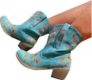 Hbeylia Cowboy Boots For Women Vintage Embroidery Pointed Toe Chunky Mid-Heels Western Cowgirls Boots Retro Slip On Wide Mid Calf Boots Riding Knight Ankle Booties