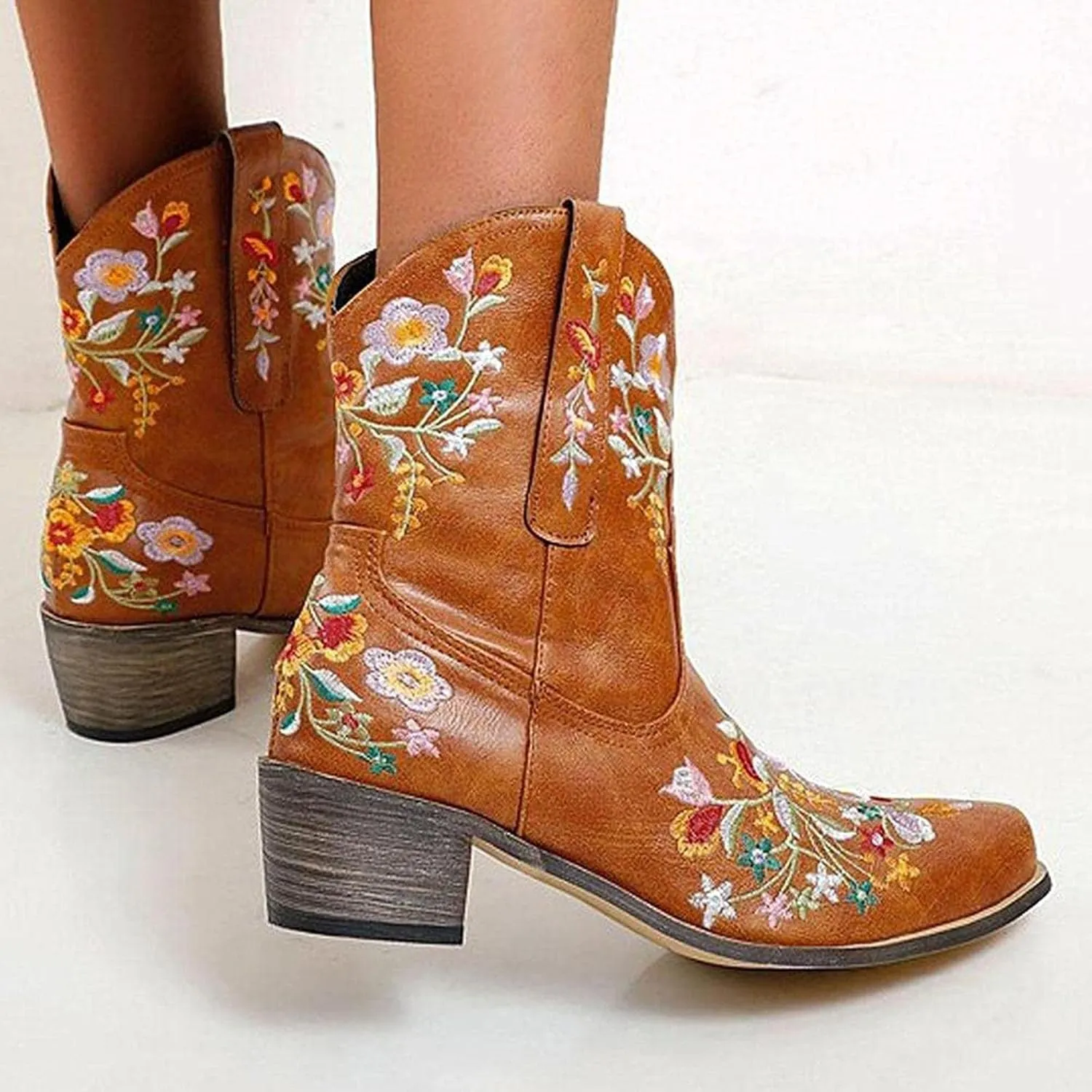 Hbeylia Vintage Ethnic Cowboys Boots For Women Boho Retro Flower Embroidered Pointed Toe Leather Western Cowgirls Boots Bohemian Chunky Mid Heels Wide Mid Calf Booties For Ladies Dress