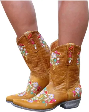Hbeylia Vintage Ethnic Cowboys Boots For Women Boho Retro Flower Embroidered Pointed Toe Leather Western Cowgirls Boots Bohemian Chunky Mid Heels Wide Mid Calf Booties For Ladies Dress
