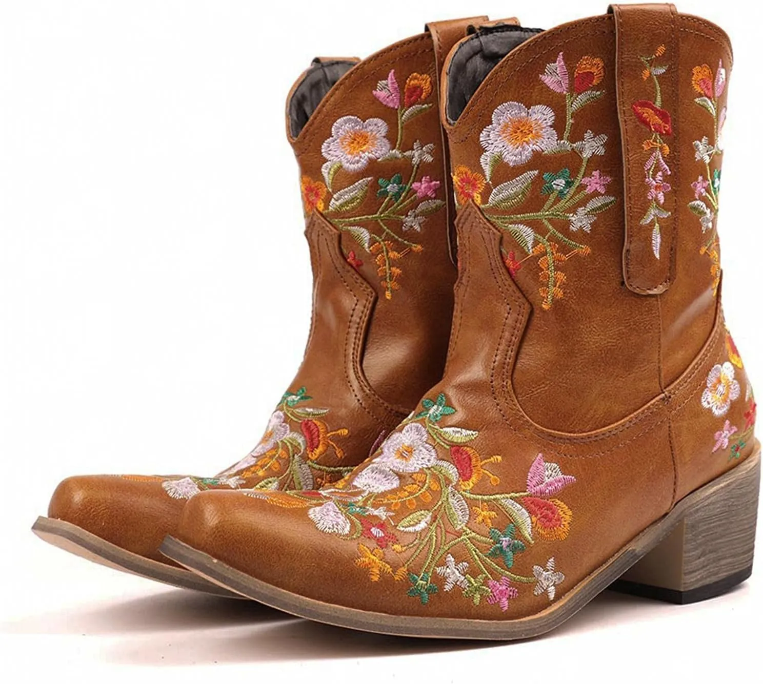 Hbeylia Vintage Ethnic Cowboys Boots For Women Boho Retro Flower Embroidered Pointed Toe Leather Western Cowgirls Boots Bohemian Chunky Mid Heels Wide Mid Calf Booties For Ladies Dress