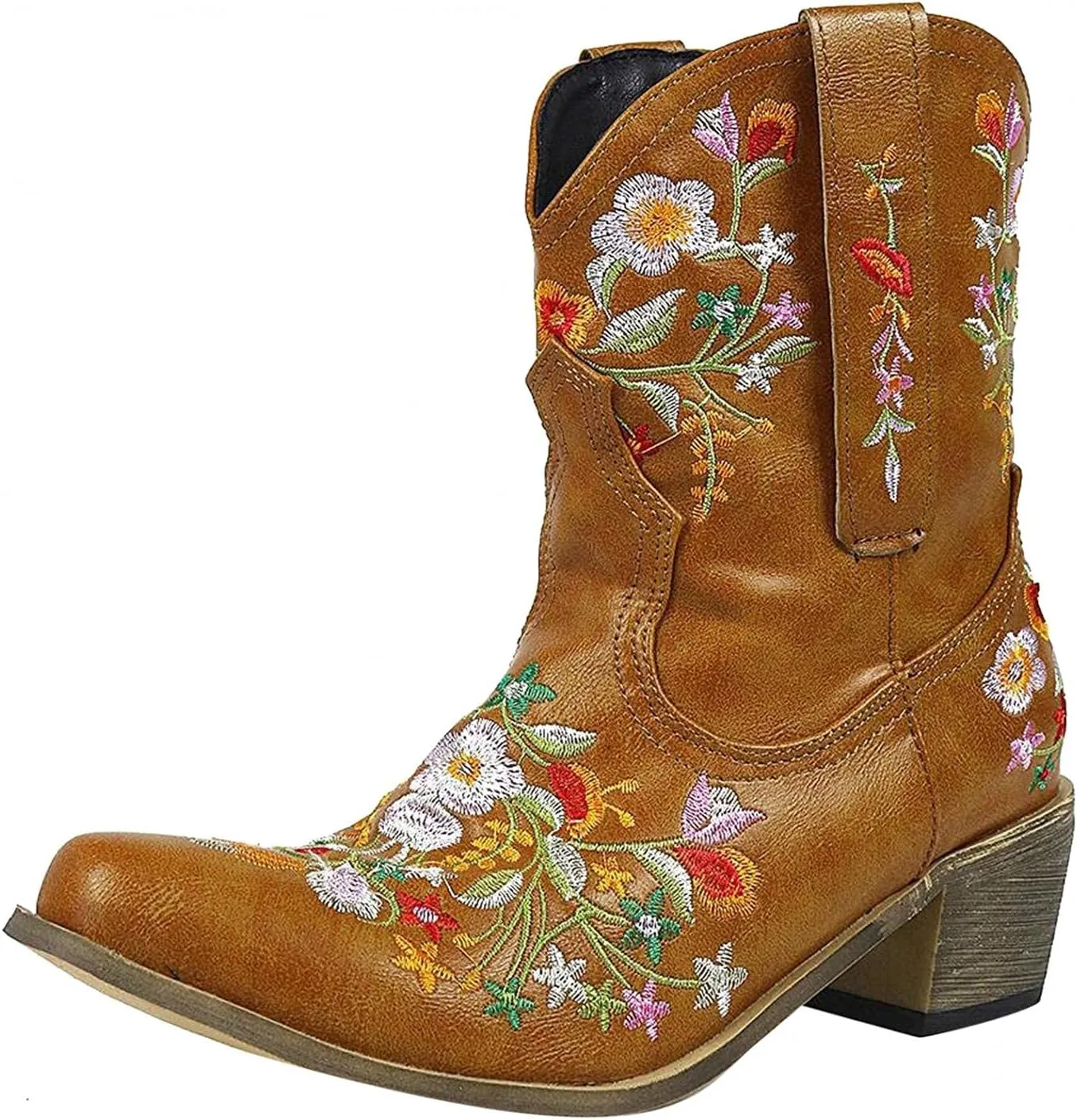 Hbeylia Vintage Ethnic Cowboys Boots For Women Boho Retro Flower Embroidered Pointed Toe Leather Western Cowgirls Boots Bohemian Chunky Mid Heels Wide Mid Calf Booties For Ladies Dress