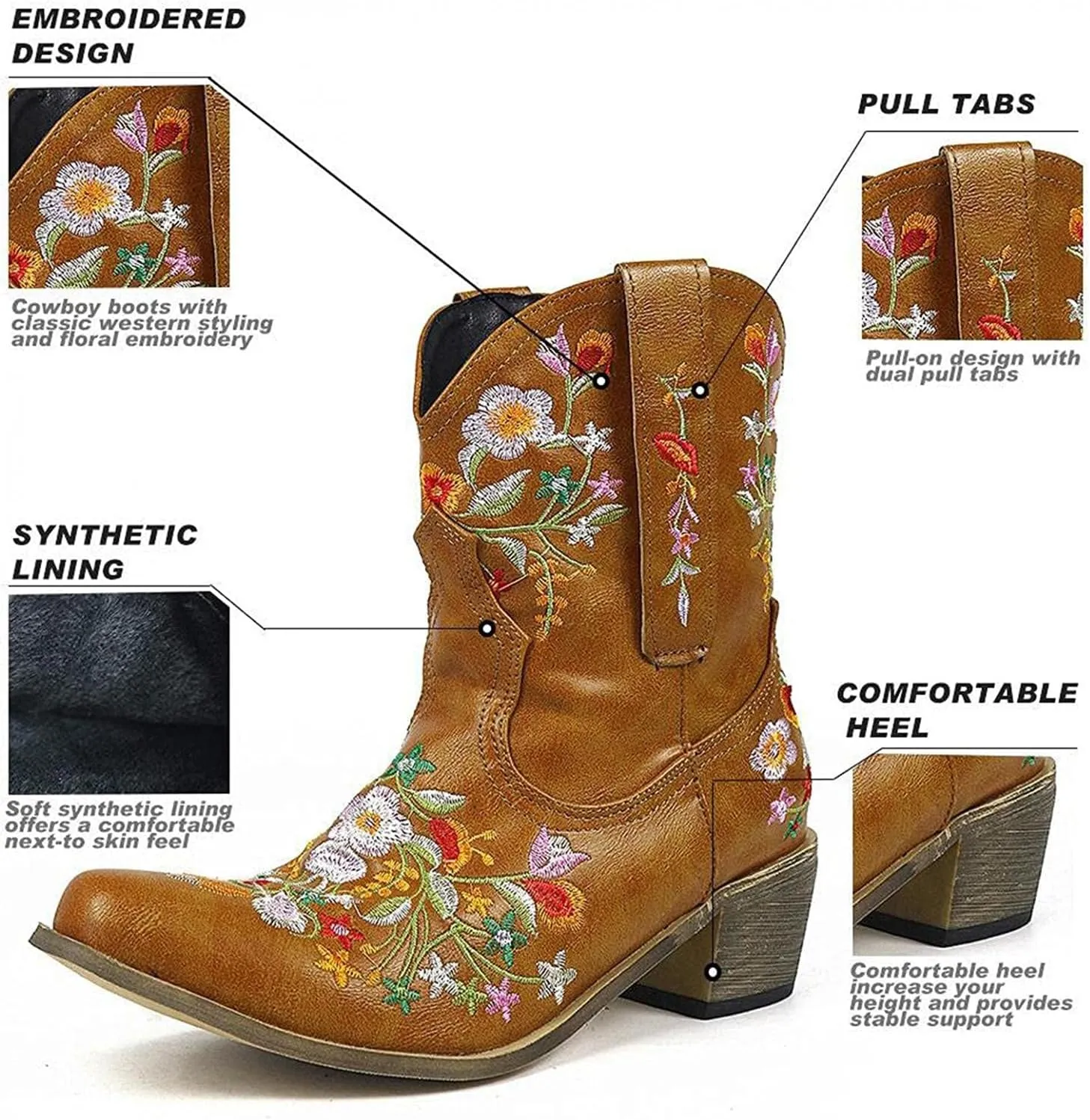 Hbeylia Vintage Ethnic Cowboys Boots For Women Boho Retro Flower Embroidered Pointed Toe Leather Western Cowgirls Boots Bohemian Chunky Mid Heels Wide Mid Calf Booties For Ladies Dress