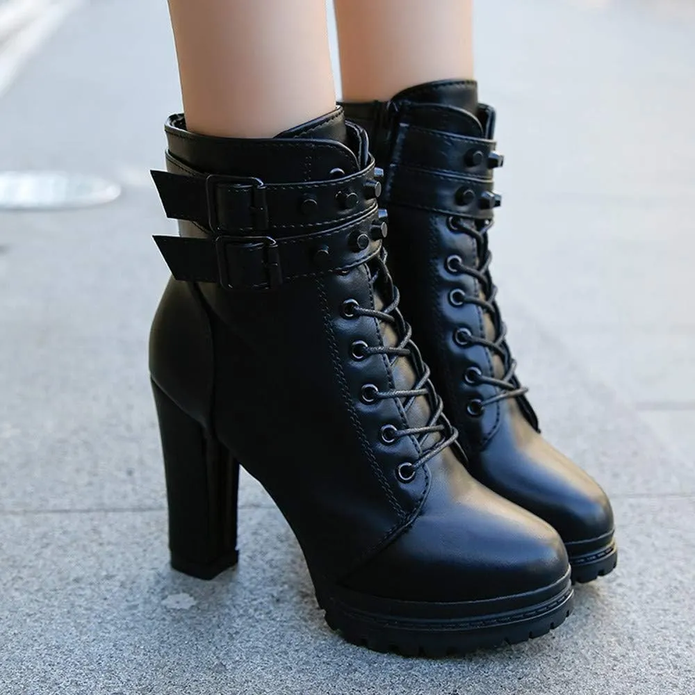 Hbeylia Women's High Heels Combat Boots Fashion Metal Buckle Lace Up Chunky Pump Ankle Booties With Side Zip Platform Wedge Dress Boots Motorcycle Riding Short Boots For Women Ladies