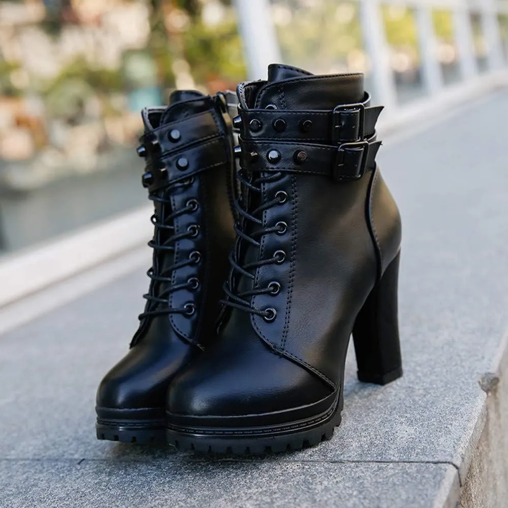 Hbeylia Women's High Heels Combat Boots Fashion Metal Buckle Lace Up Chunky Pump Ankle Booties With Side Zip Platform Wedge Dress Boots Motorcycle Riding Short Boots For Women Ladies