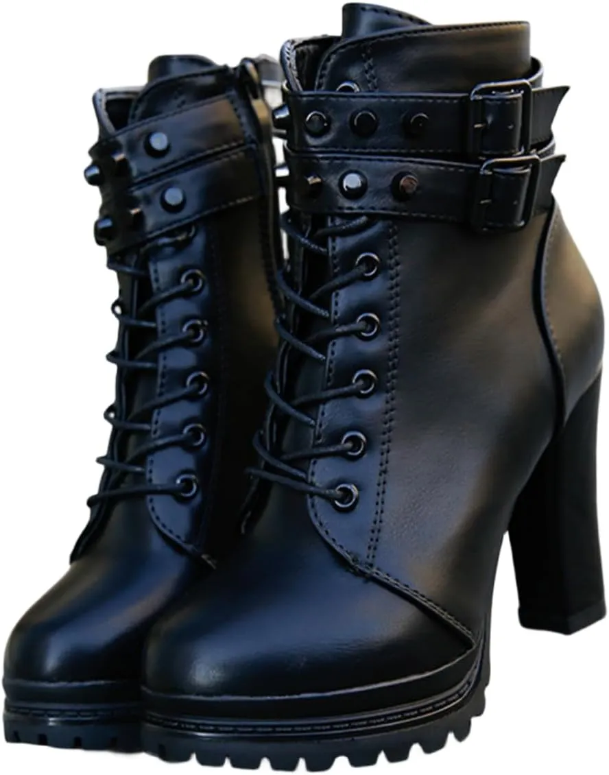 Hbeylia Women's High Heels Combat Boots Fashion Metal Buckle Lace Up Chunky Pump Ankle Booties With Side Zip Platform Wedge Dress Boots Motorcycle Riding Short Boots For Women Ladies