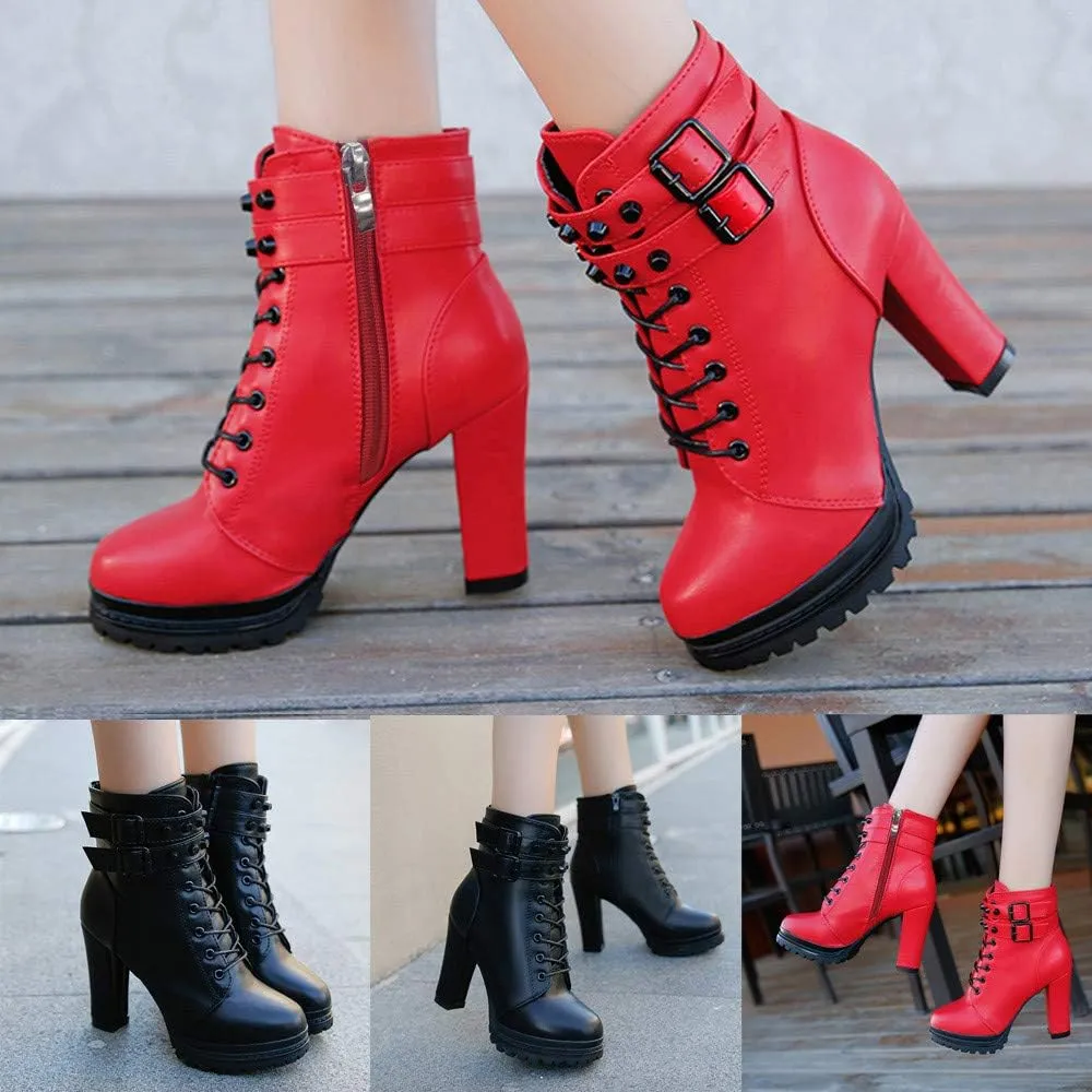 Hbeylia Women's High Heels Combat Boots Fashion Metal Buckle Lace Up Chunky Pump Ankle Booties With Side Zip Platform Wedge Dress Boots Motorcycle Riding Short Boots For Women Ladies