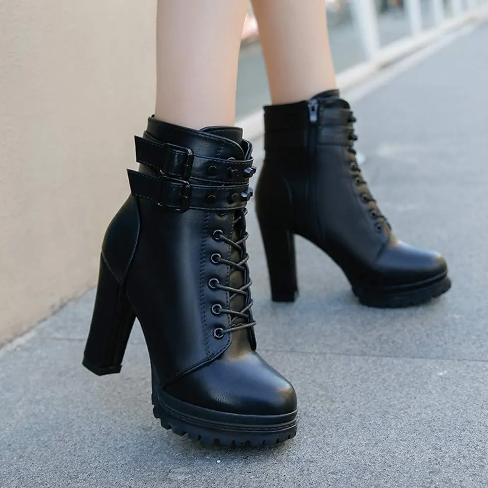 Hbeylia Women's High Heels Combat Boots Fashion Metal Buckle Lace Up Chunky Pump Ankle Booties With Side Zip Platform Wedge Dress Boots Motorcycle Riding Short Boots For Women Ladies