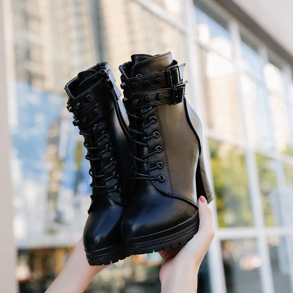 Hbeylia Women's High Heels Combat Boots Fashion Metal Buckle Lace Up Chunky Pump Ankle Booties With Side Zip Platform Wedge Dress Boots Motorcycle Riding Short Boots For Women Ladies